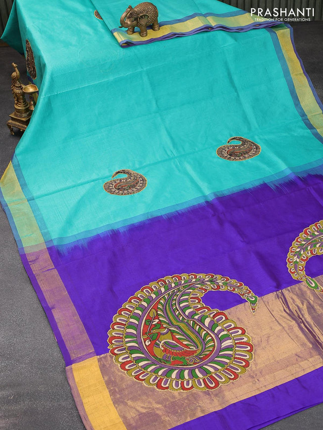 Silk cotton saree blue and with kalamkari applique work and zari woven border and Kalamkari blouse - {{ collection.title }} by Prashanti Sarees