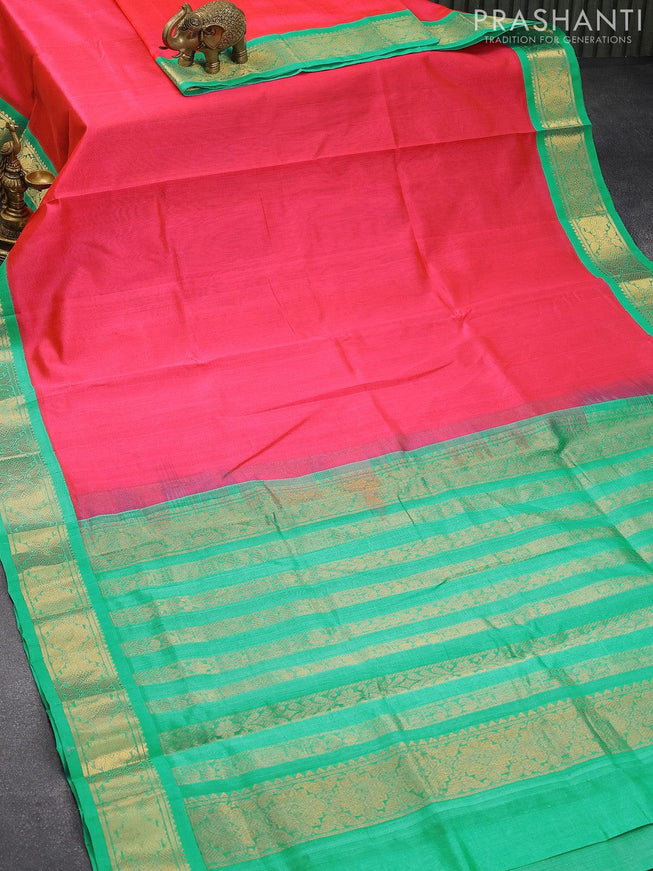 Silk cotton saree candy pink and teal green shade with plain body and zari woven korvai border - {{ collection.title }} by Prashanti Sarees