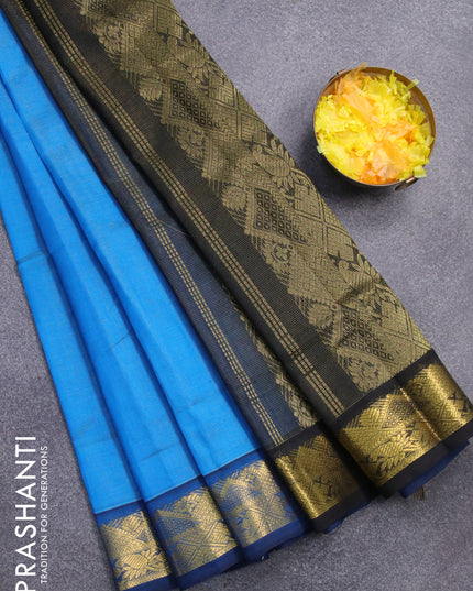 Silk cotton saree cs blue and black with allover vairaosi pattern and zari woven border - {{ collection.title }} by Prashanti Sarees