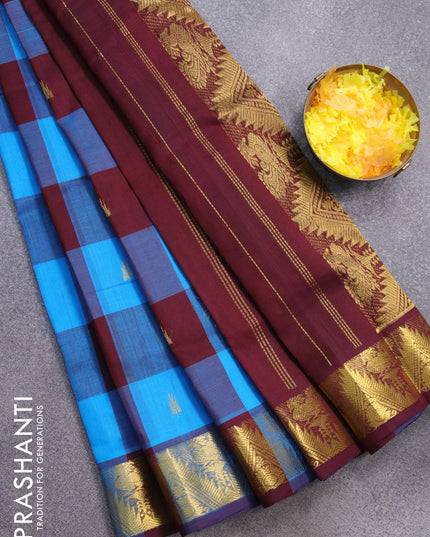 Silk cotton saree cs blue and deep maroon with paalum pazhamum checked pattern & temple zari woven buttas and annam & temple zari woven border - {{ collection.title }} by Prashanti Sarees