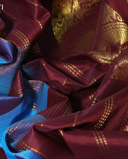 Silk cotton saree cs blue and deep maroon with paalum pazhamum checked pattern & temple zari woven buttas and annam & temple zari woven border - {{ collection.title }} by Prashanti Sarees
