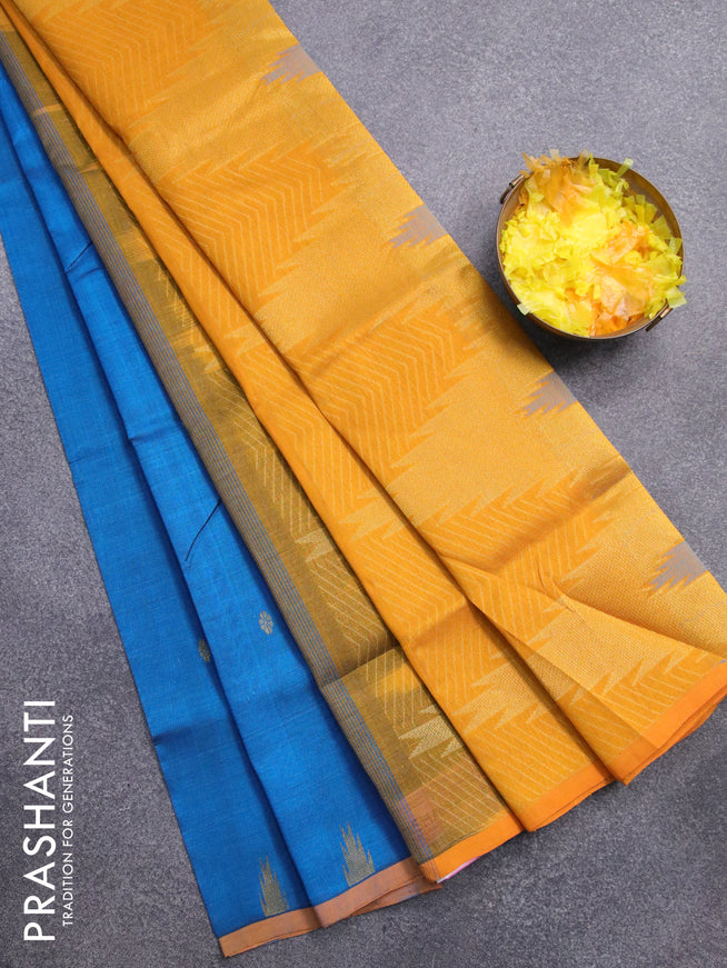 Silk cotton saree cs blue and mustard yellow with floral zari woven buttas and temple design piping border - {{ collection.title }} by Prashanti Sarees