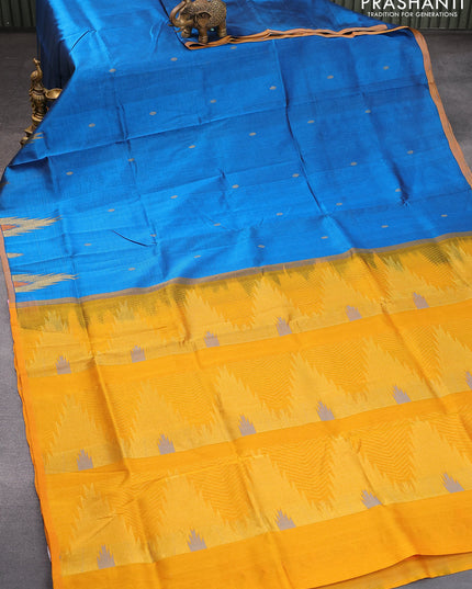 Silk cotton saree cs blue and mustard yellow with floral zari woven buttas and temple design piping border - {{ collection.title }} by Prashanti Sarees