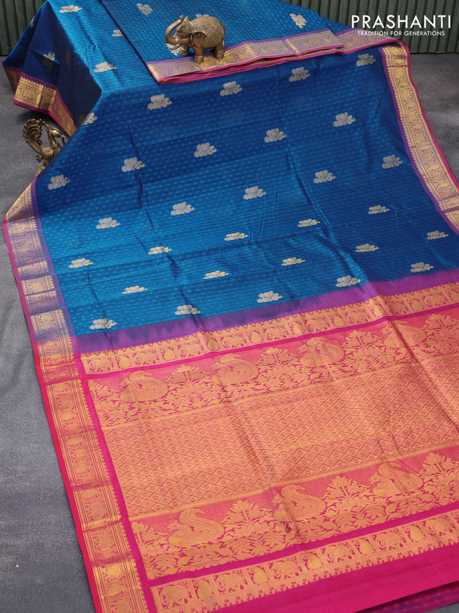 Silk cotton saree cs blue and pink with allover self emboss & zari buttas and zari woven border - {{ collection.title }} by Prashanti Sarees