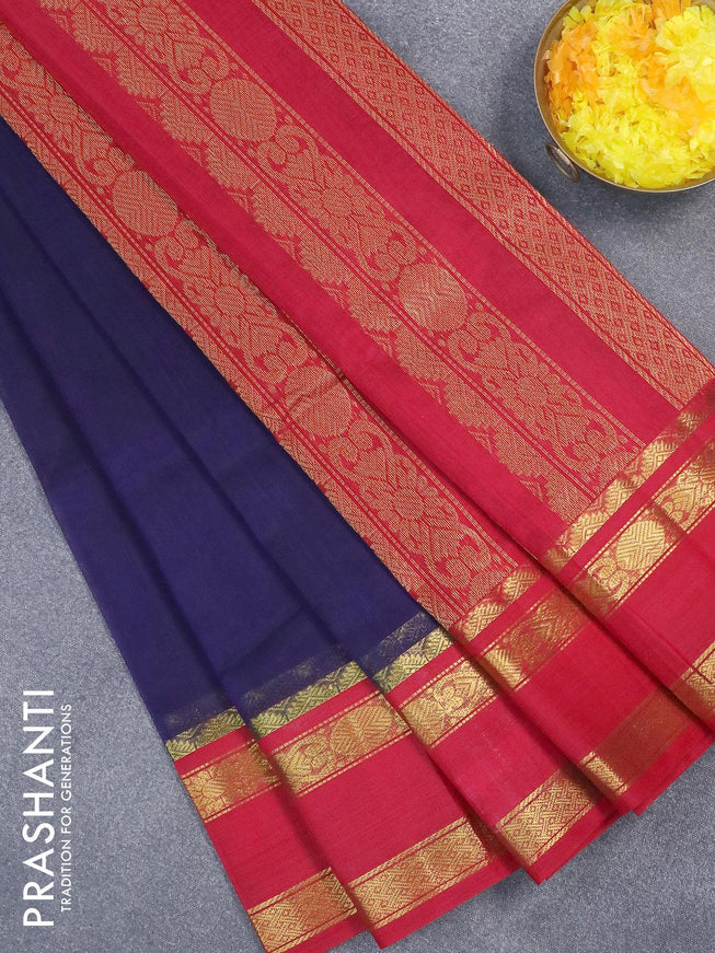 Silk cotton saree dark blue and red with plain body and rettapet zari woven korvai border - {{ collection.title }} by Prashanti Sarees