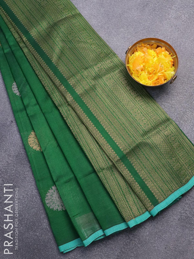 Silk cotton saree dark greeen with zari woven buttas in borderless style - {{ collection.title }} by Prashanti Sarees