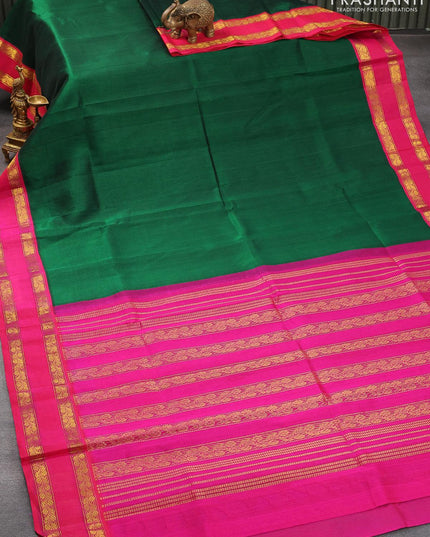 Silk cotton saree dark green and pink with plain body and rettapet zari woven border - {{ collection.title }} by Prashanti Sarees