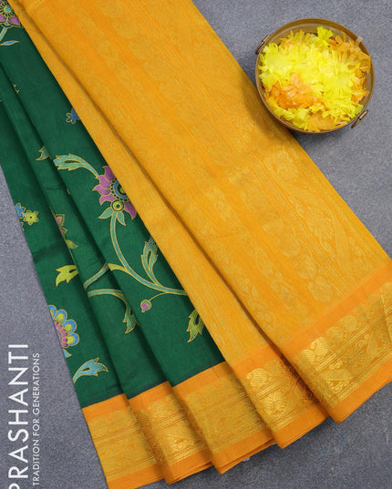 Silk cotton saree dark green and yellow with allover kalamkari prints and zari woven border - {{ collection.title }} by Prashanti Sarees