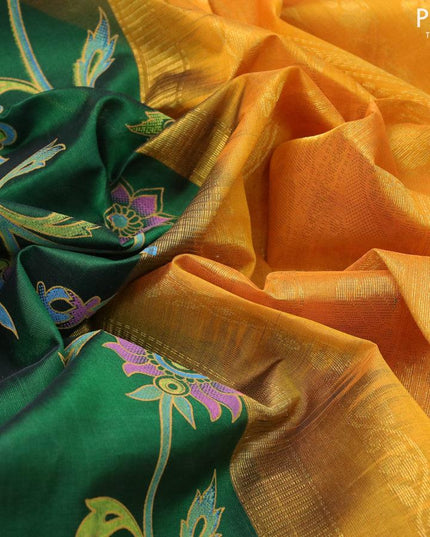 Silk cotton saree dark green and yellow with allover kalamkari prints and zari woven border - {{ collection.title }} by Prashanti Sarees