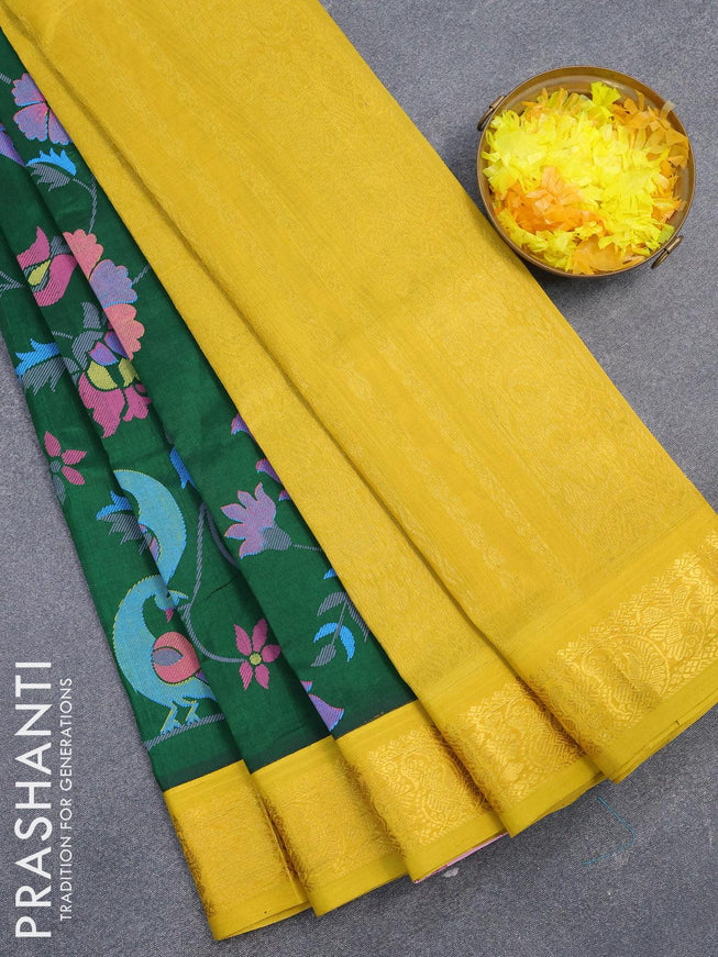 Silk cotton saree dark green and yellow with allover kalamkari prints and zari woven korvai border - {{ collection.title }} by Prashanti Sarees