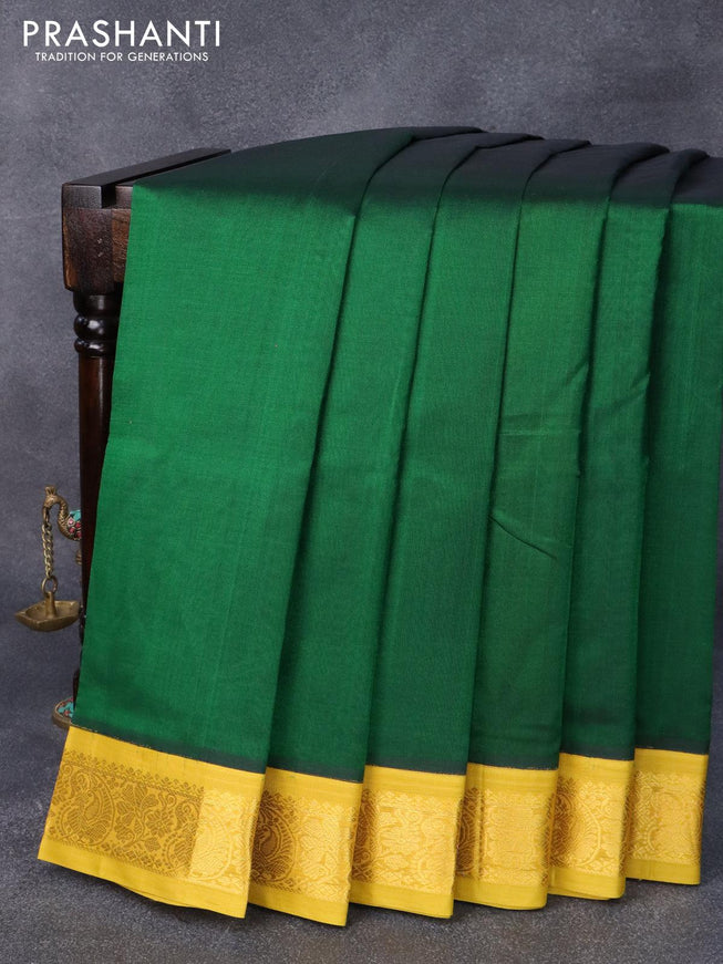 Silk cotton saree dark green and yellow with plain body and zari woven korvai border - {{ collection.title }} by Prashanti Sarees