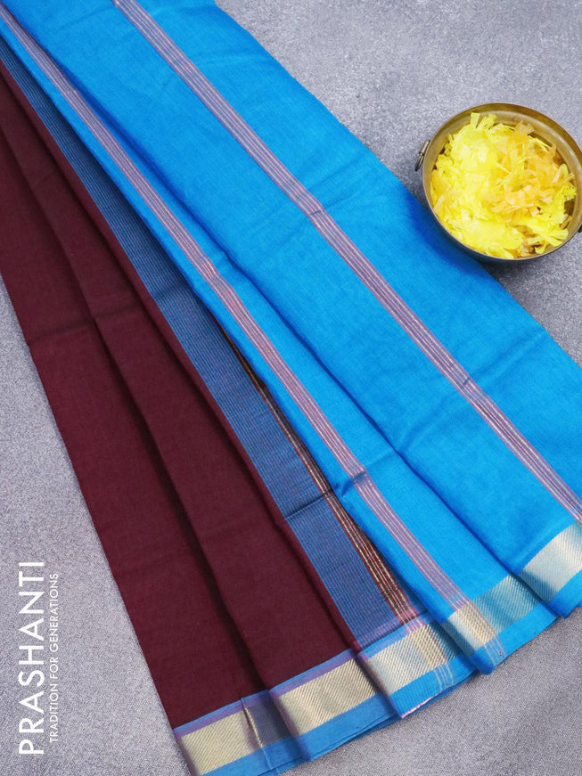 Silk cotton saree dark maroon and cs blue with plain body and zari woven border - {{ collection.title }} by Prashanti Sarees