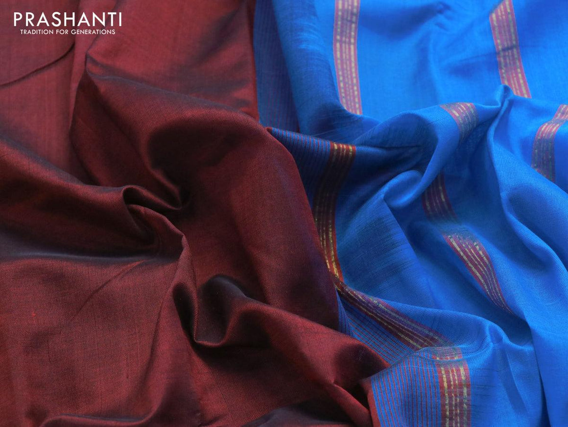Silk cotton saree dark maroon and cs blue with plain body and zari woven border - {{ collection.title }} by Prashanti Sarees