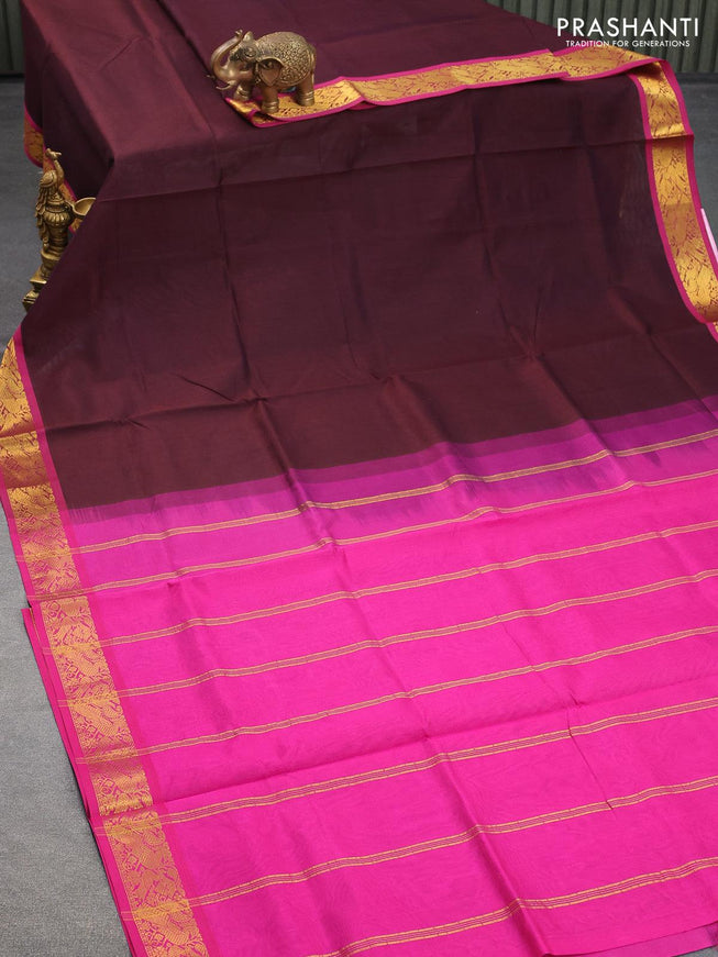 Silk cotton saree deep coffee brown and magenta pink with plain body and peacock zari woven border - {{ collection.title }} by Prashanti Sarees