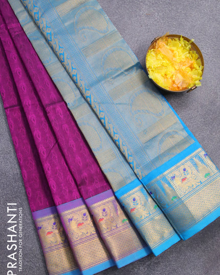 Silk cotton saree deep purple and cs blue with allover self emboss and annam & temple design zari woven border - {{ collection.title }} by Prashanti Sarees