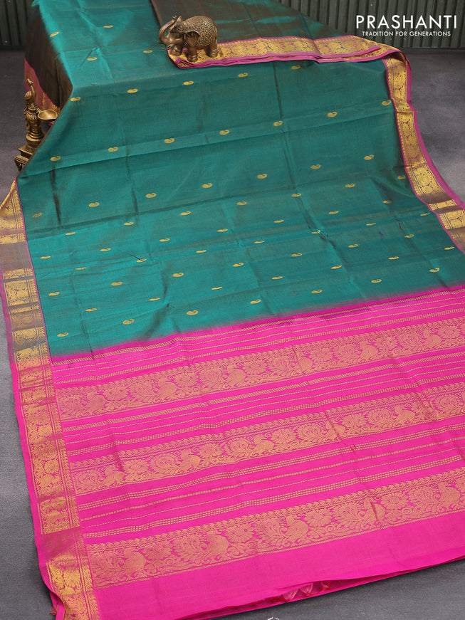 Silk cotton saree dual shade of green and magenta pink with allover vairaosi pattern & paisley zari woven buttas and annam zari woven border - {{ collection.title }} by Prashanti Sarees