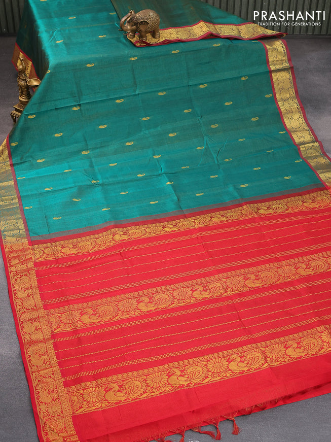 Silk cotton saree dual shade of green and maroon with allover vairaosi pattern & paisley zari woven buttas and annam zari woven border - {{ collection.title }} by Prashanti Sarees