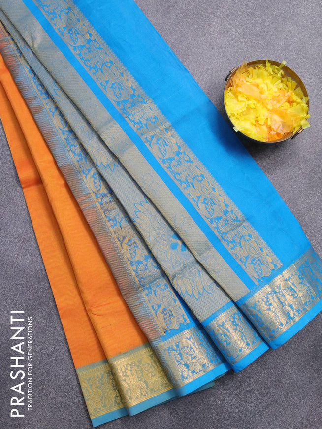 Silk cotton saree dual shade of mango yellow and cs blue with paisley zari woven buttas and annam design zari woven border - {{ collection.title }} by Prashanti Sarees