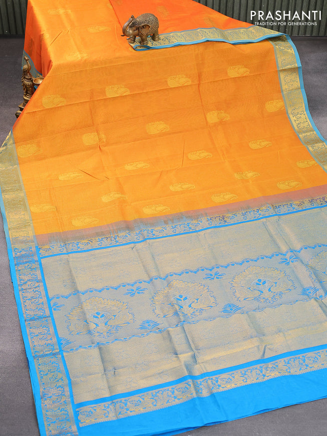 Silk cotton saree dual shade of mango yellow and cs blue with paisley zari woven buttas and annam design zari woven border - {{ collection.title }} by Prashanti Sarees
