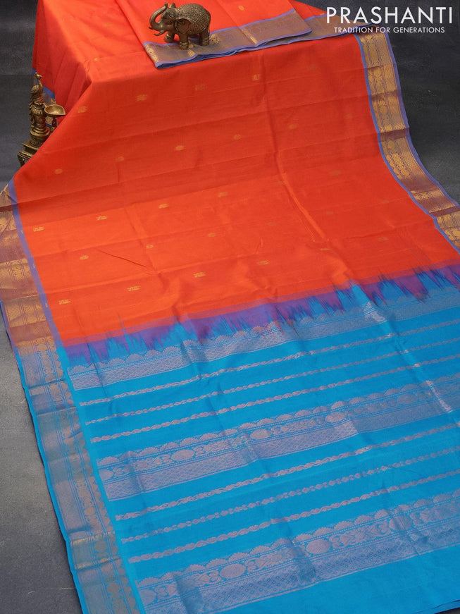 Silk cotton saree dual shade of orange and cs blue with annam zari woven buttas and zari woven border - {{ collection.title }} by Prashanti Sarees