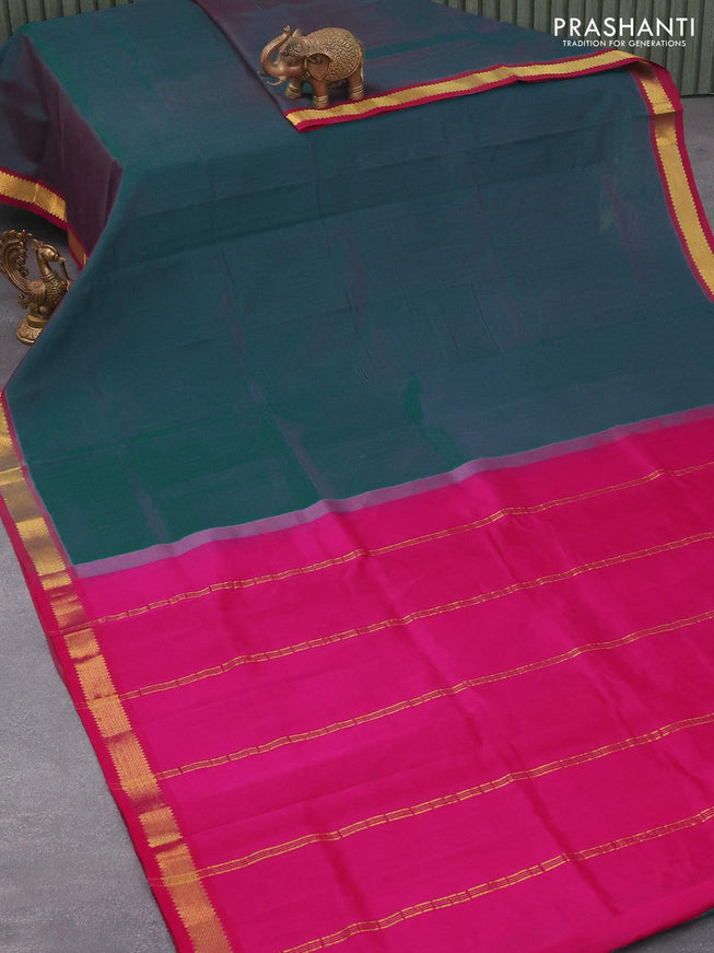 Silk cotton saree dual shade of peacock green and pink with plain body and zari woven border - {{ collection.title }} by Prashanti Sarees
