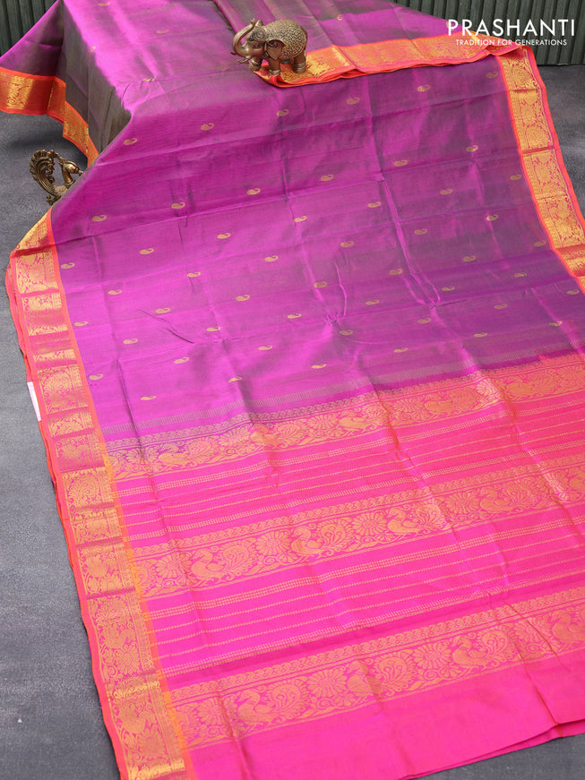 Silk cotton saree dual shade of pinkish green and orange with allover vairaosi pattern & paisley zari woven buttas and annam zari woven border - {{ collection.title }} by Prashanti Sarees