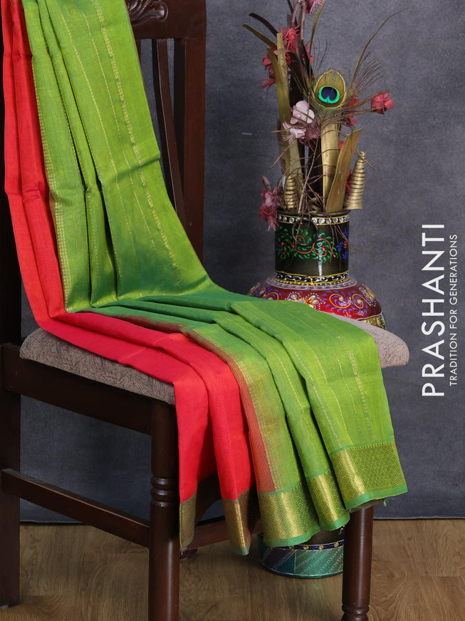 Silk cotton saree dual shade of pinkish orange and light green with plain body and zari woven border - {{ collection.title }} by Prashanti Sarees