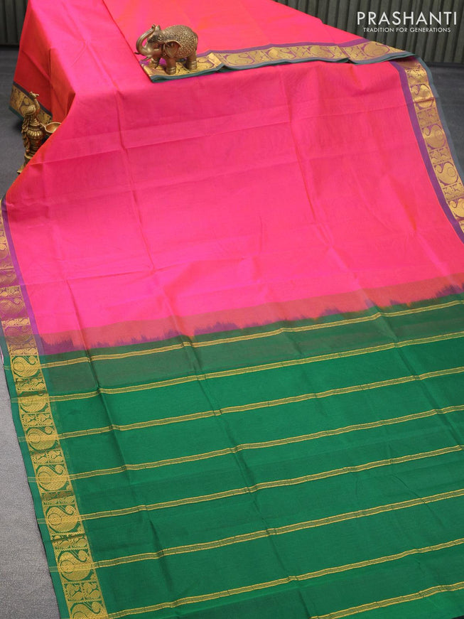 Silk cotton saree dual shade of pinksih orange and green with plain body and paisley zari woven border - {{ collection.title }} by Prashanti Sarees