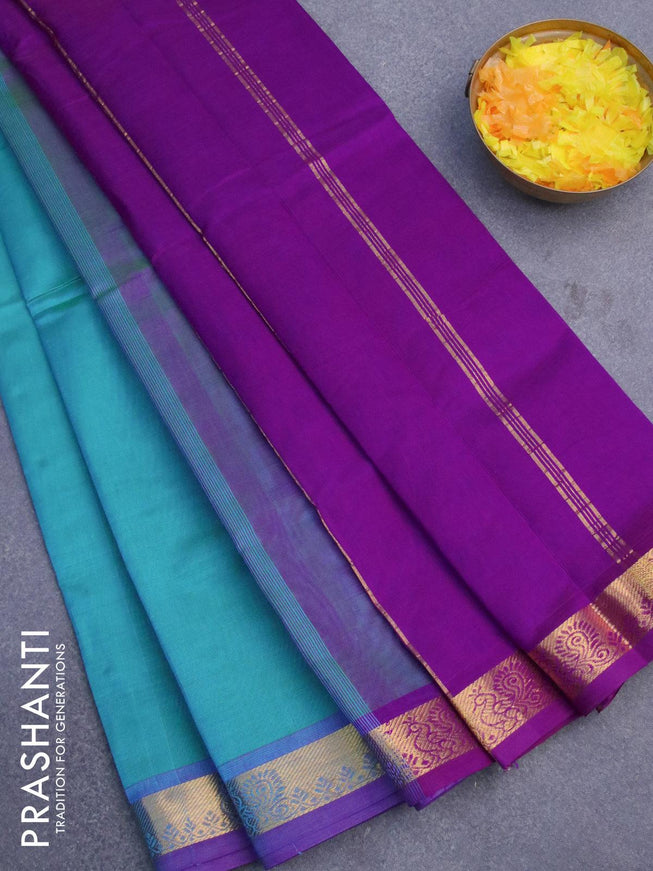 Silk cotton saree dual shade of teal blue and purple with plain body and zari woven border - {{ collection.title }} by Prashanti Sarees