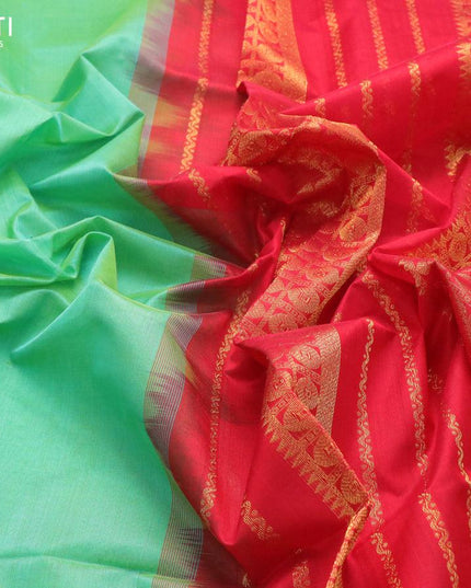 Silk cotton saree dual shade of teal green and red with plain body and zari woven border - {{ collection.title }} by Prashanti Sarees