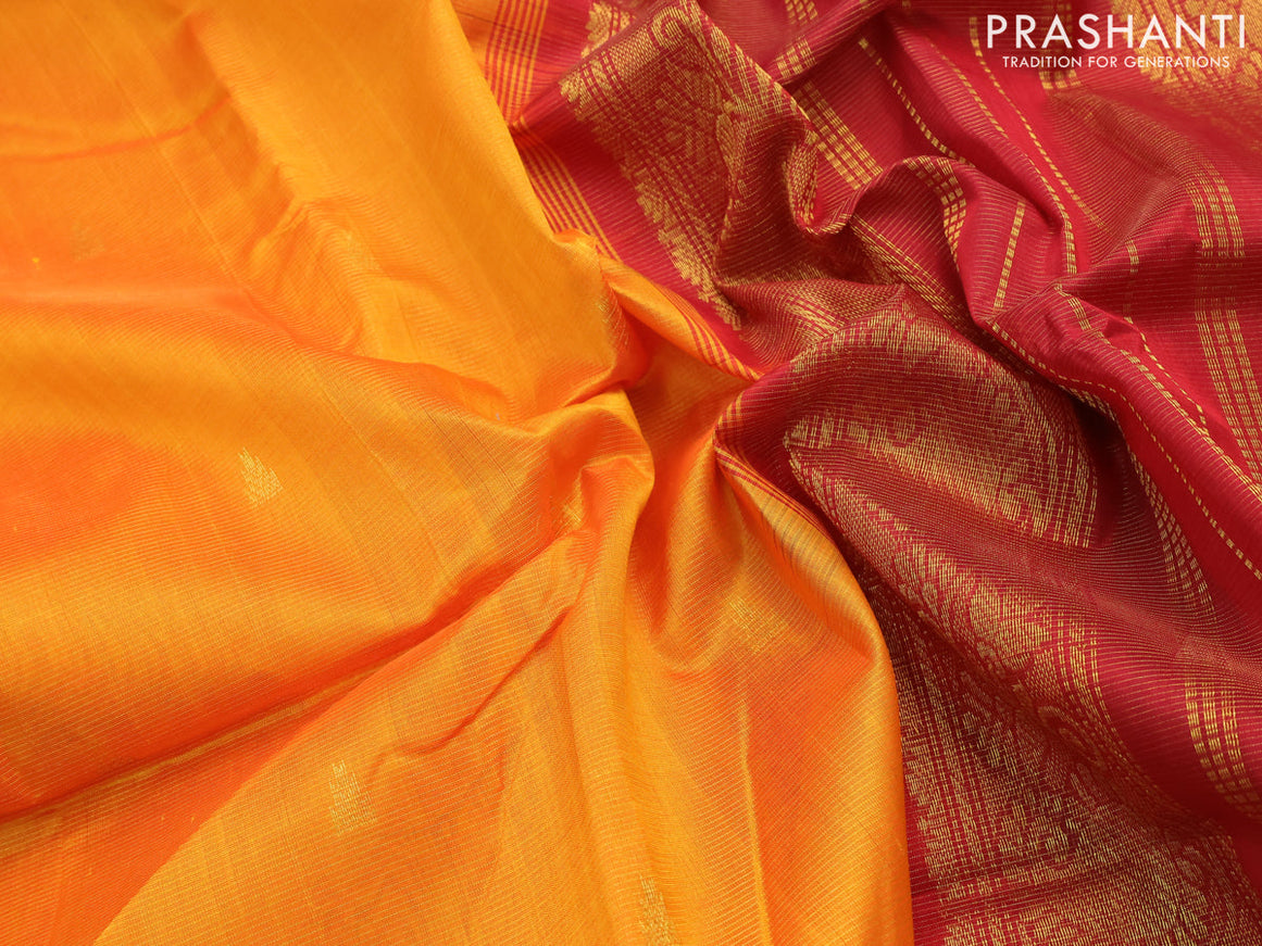 Silk cotton saree dual shade of yellowish orange and maroon with allover vairaosi pattern & temple zari woven buttas and paisley zari woven border - {{ collection.title }} by Prashanti Sarees