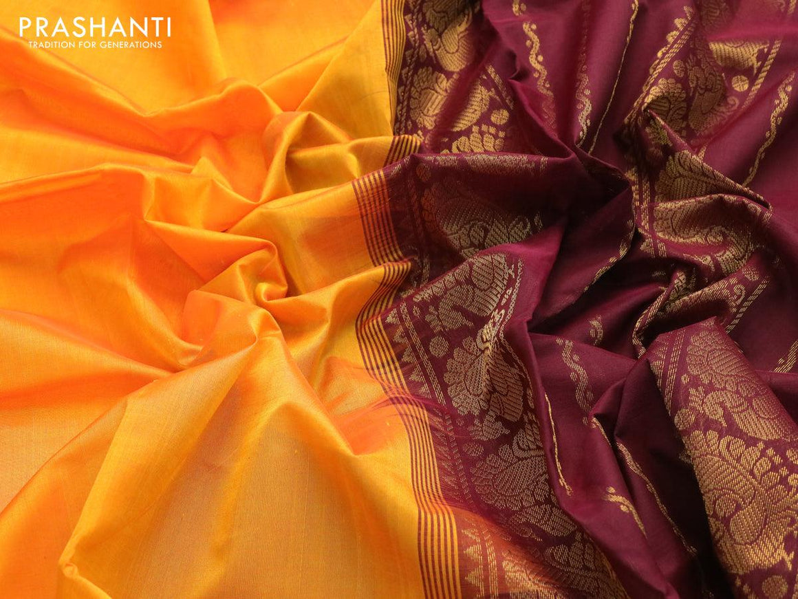 Silk cotton saree dual shade of yellwoush orange and deep maroon with plain body and annam zari woven border - {{ collection.title }} by Prashanti Sarees