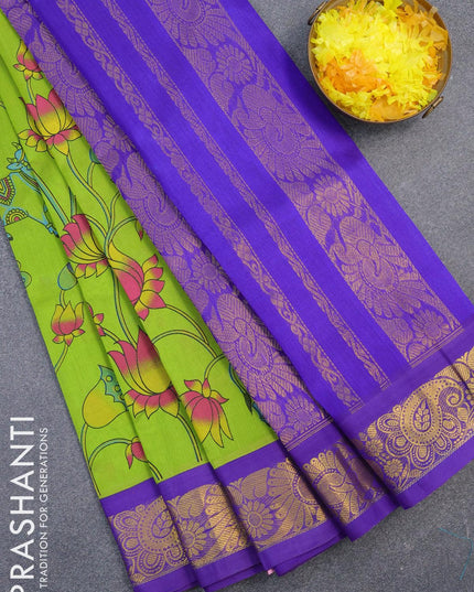 Silk cotton saree green and blue with allover pichwai prints and annam & paisley zari woven korvai border - {{ collection.title }} by Prashanti Sarees