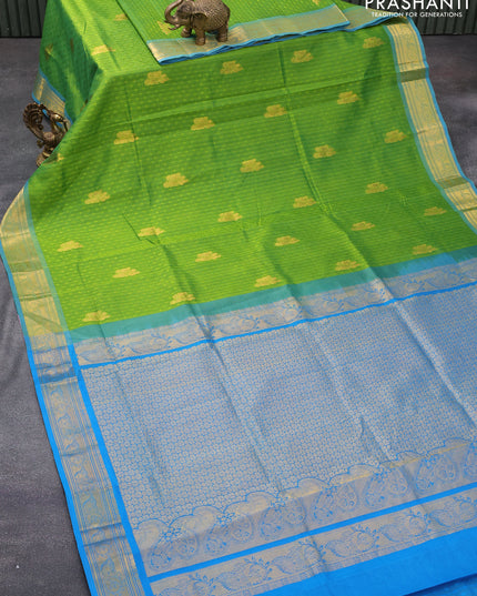 Silk cotton saree green and cs blue with allover self emboss & zari buttas and zari woven border - {{ collection.title }} by Prashanti Sarees