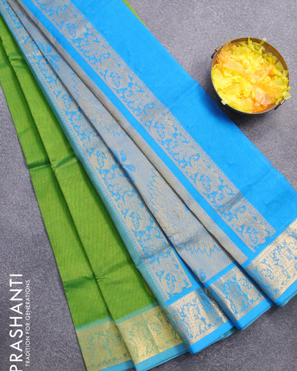 Silk cotton saree green and cs blue with zari woven buttas and annam design zari woven border - {{ collection.title }} by Prashanti Sarees