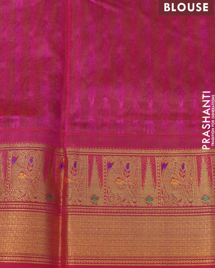 Silk cotton saree green and magenta pink with allover self emboss and annam & temple design zari woven border - {{ collection.title }} by Prashanti Sarees