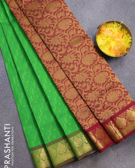 Silk cotton saree green and maroon with allover self emboss jacquard and floral zari woven border - {{ collection.title }} by Prashanti Sarees