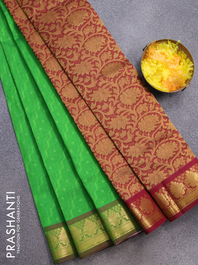 Silk cotton saree green and maroon with allover self emboss jacquard and floral zari woven border - {{ collection.title }} by Prashanti Sarees