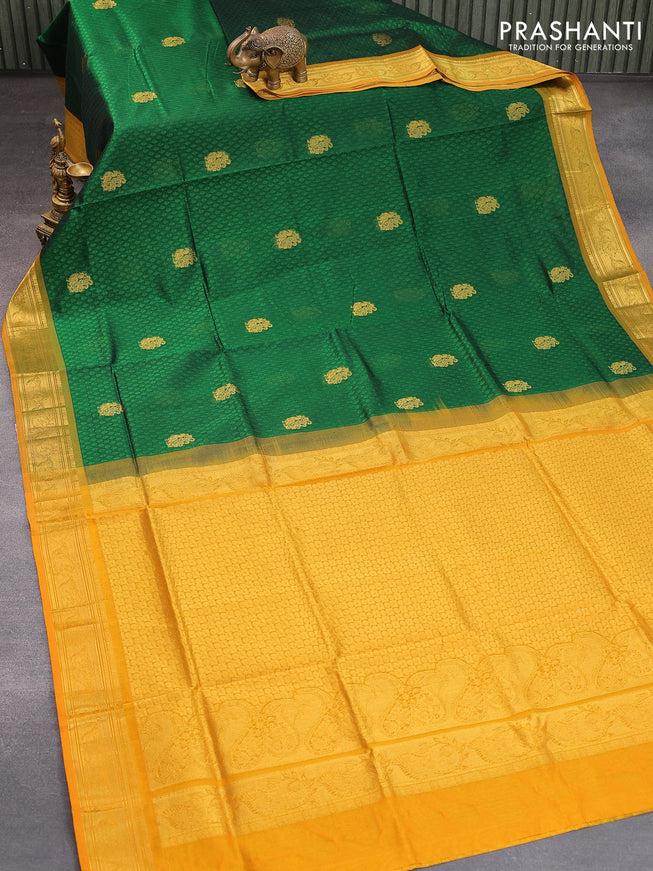 Silk cotton saree green and mustard yellow with allover self emboss & annam zari buttas and zari woven border - {{ collection.title }} by Prashanti Sarees
