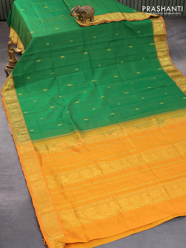 Silk cotton saree green and mustard yellow with allover vairaosi pattern & paisley zari woven buttas and annam zari woven border - {{ collection.title }} by Prashanti Sarees