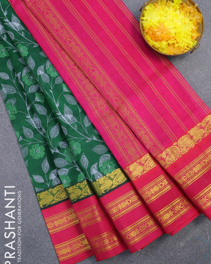 Silk cotton saree green and pink with allover prints and long rettapet zari woven border - {{ collection.title }} by Prashanti Sarees