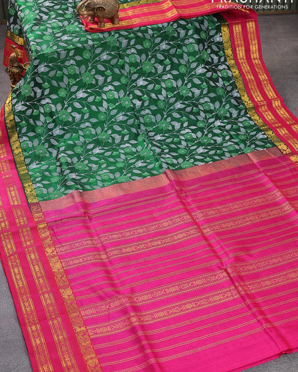 Silk cotton saree green and pink with allover prints and long rettapet zari woven border - {{ collection.title }} by Prashanti Sarees