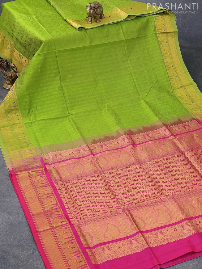 Silk cotton saree green and pink with allover self emboss jacquard and annam design zari woven border - {{ collection.title }} by Prashanti Sarees