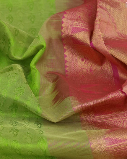Silk cotton saree green and pink with allover self emboss jacquard and annam design zari woven border - {{ collection.title }} by Prashanti Sarees