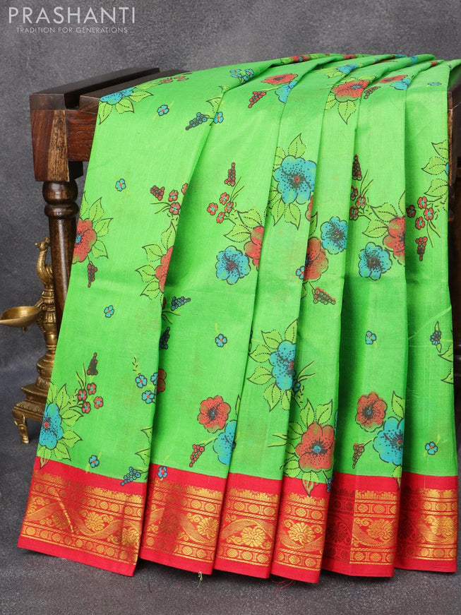 Silk cotton saree green and red with allover floral prints and zari woven korvai border - {{ collection.title }} by Prashanti Sarees