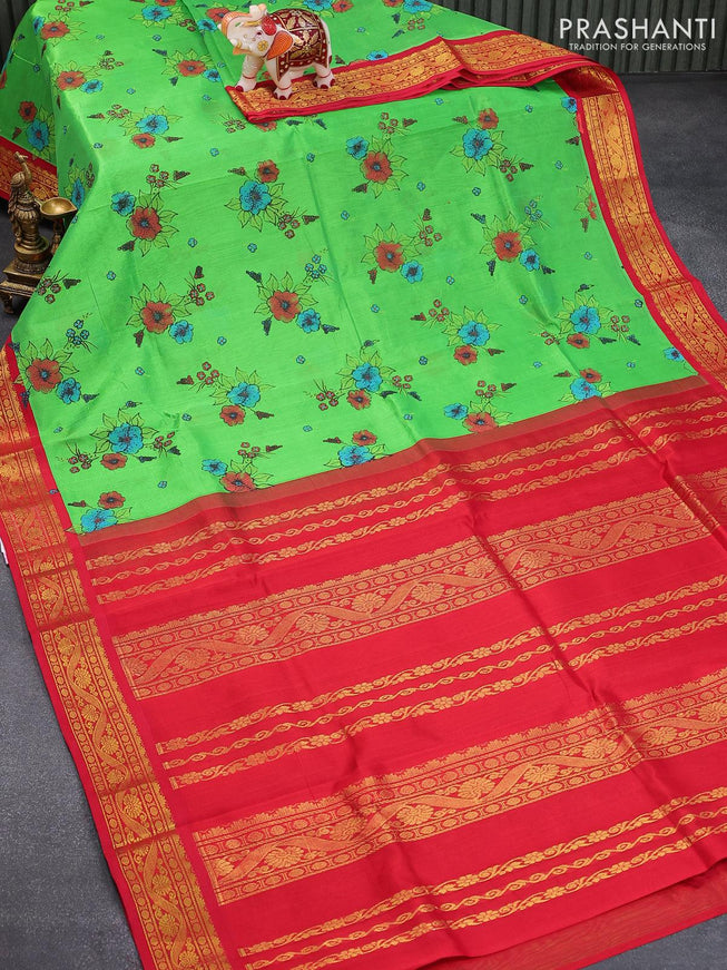 Silk cotton saree green and red with allover floral prints and zari woven korvai border - {{ collection.title }} by Prashanti Sarees