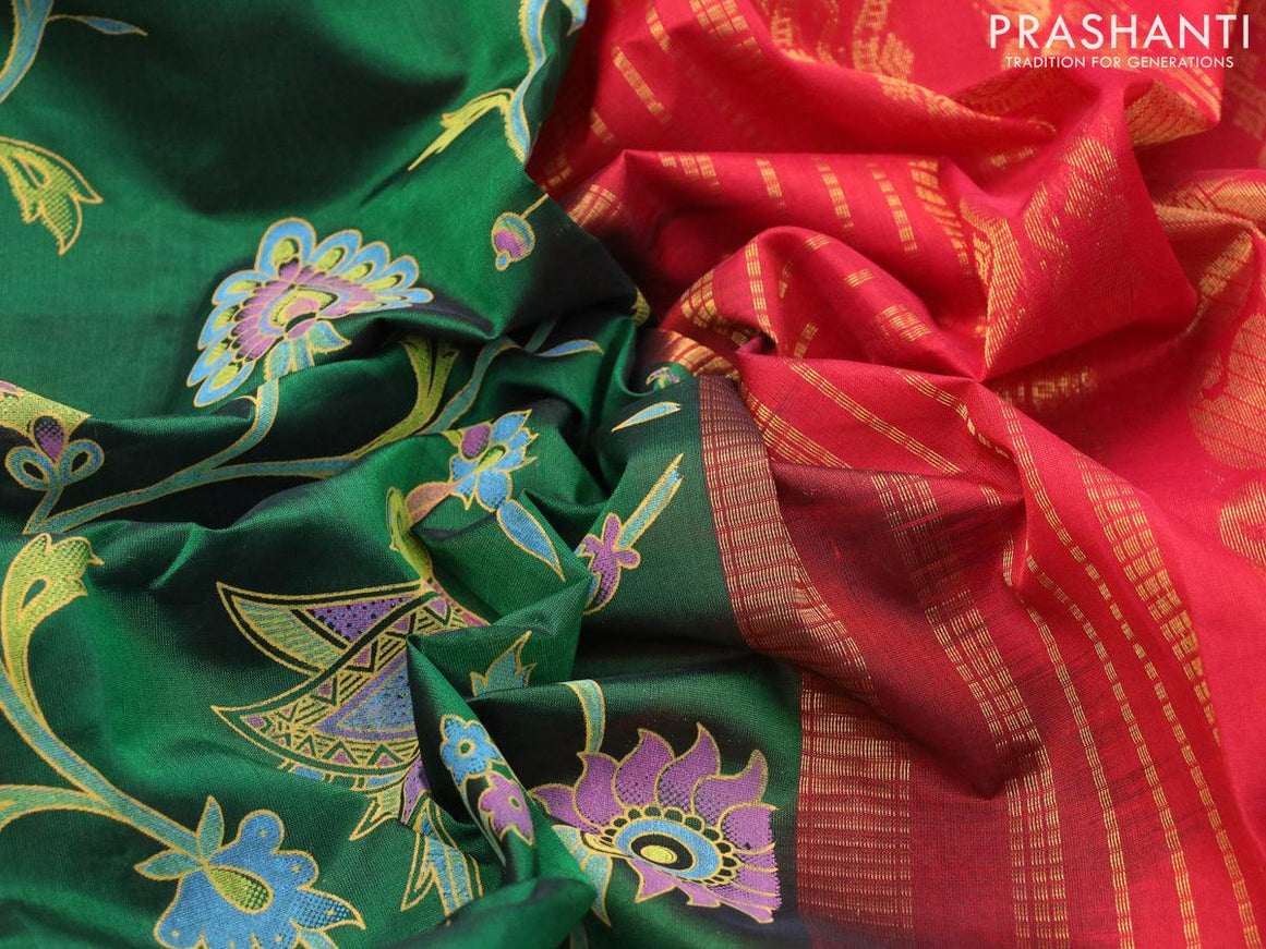 Silk cotton saree green and red with allover kalamkari prints and rettapet zari woven korvai border - {{ collection.title }} by Prashanti Sarees