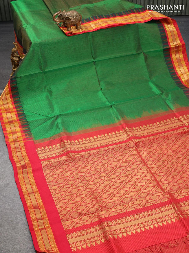 Silk cotton saree green and red with allover vairosi pattern and temple design zari woven korvai border - {{ collection.title }} by Prashanti Sarees