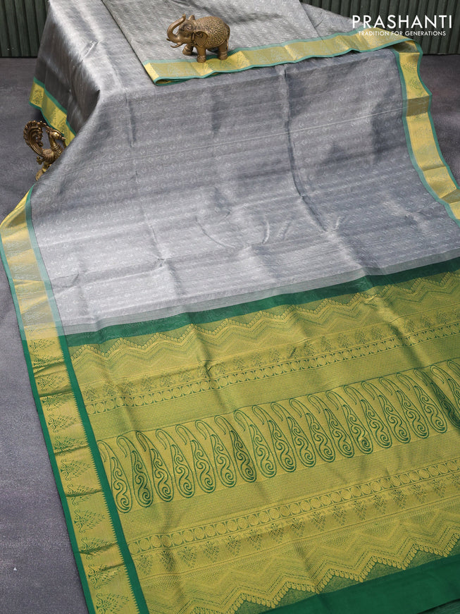 Silk cotton saree grey and green with allover self emboss and temple design zari woven border - {{ collection.title }} by Prashanti Sarees