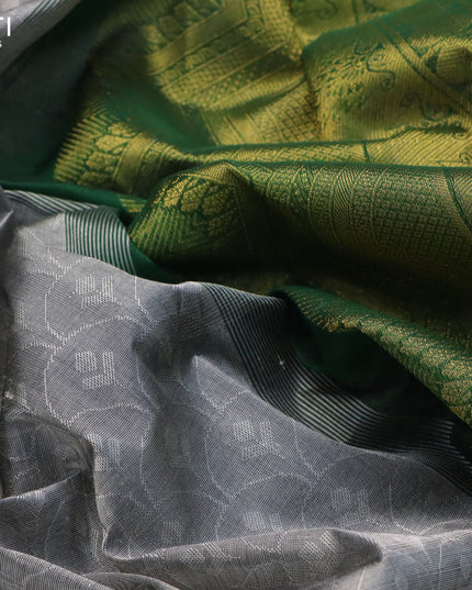 Silk cotton saree grey and green with allover self emboss and temple design zari woven border - {{ collection.title }} by Prashanti Sarees